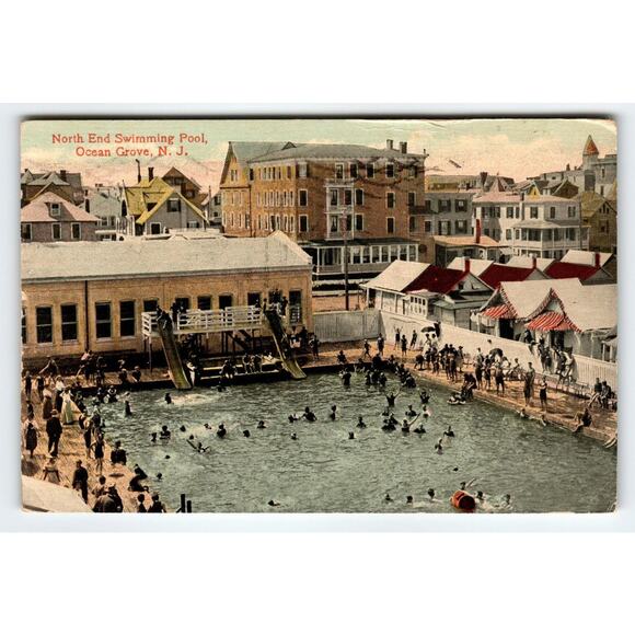 Antique Postcard North End Swimming Pool Ocean Grove NJ Busy Beach Town 1914 - Picture 1 of 2